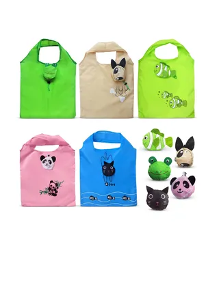 Foldable Reusable Grocery Bags, 5 Pcs Cute Animal Grocery Bags, Washable Design with Large Handles, Reusable Produce Bags, Reusable Storage Bags for Groceries, Gym, Beach Gear, Toys 