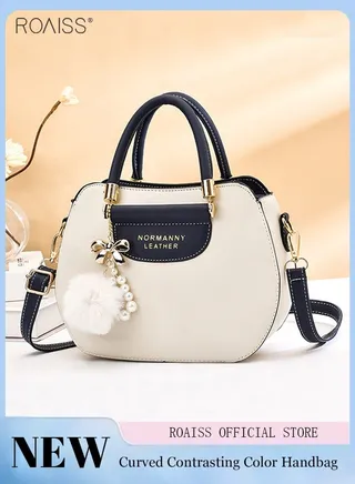 Women's Fashion Contrast Color Handbag Curved Silhouette Bag With Zipper Opening And Closing Shoulder Bag Detachable Shoulder Strap Crossbody Bag 