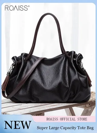 Women's Super Large Capacity Pu Pitot Bag Adjustable And Detachable Shoulder Bag Side Pleated Tassel Handbag 