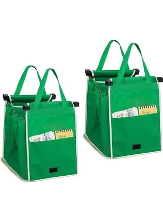 Reusable Shopping Bags, 2-Piece Foldable Grocery Tote Bags with Handles, Easy to Clean, Clip on Cart (Green) 