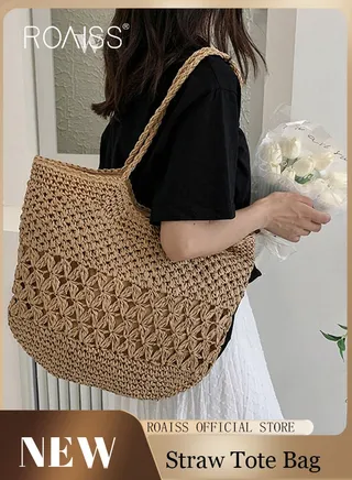 Women Straw Woven Shoulder Bag Summer Beach Travel Crossbody Handbag Classics Satchel Purse Woven Handbags Women Straw Tote Bag with Zip 