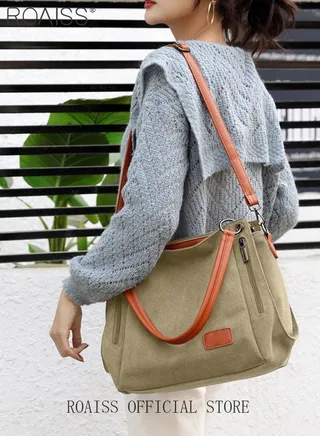 Large Capacity Shoulder Tote Bag Casual Canvas Handbag Crossbody with Long Strap Multi Pocket for Young Women Teenagers School 