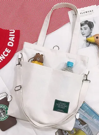Casual Canvas Shoulder Bag Multifunction Large Capacity College Students Backpack Foldable Lightweight Tote Bag White 