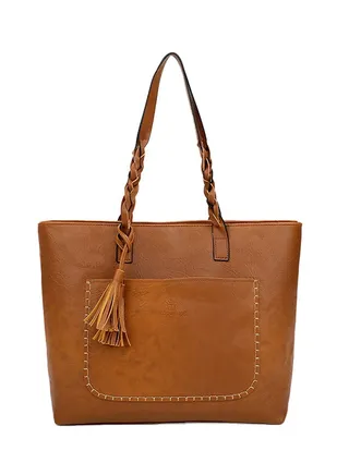 Tassel Zipper Closure Tote Bag Brown 
