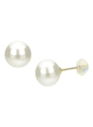 18K Solid Gold 10-10.5mm Huge White AAA Freshwater Pearl Stud Earrings 
