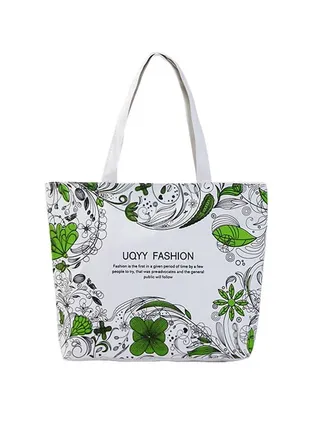 Printed Zipper Tote Bag White/Green 