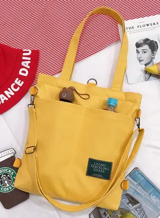 Casual Canvas Shoulder Bag Multifunction Large Capacity College Students Backpack Foldable Lightweight Tote Bag Yellow 