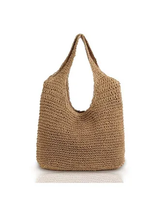 Handwoven Soft Large Straw Shoulder Bag Boho Straw Handle Tote Retro Summer Beach Bag Rattan Handbag (Khaki) 