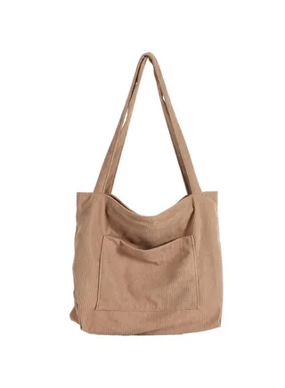 Women Corduroy Tote Bag Large Shoulder Hobo Bags Casual Handbags Big Capacity Shopping Work Bag (Khaki) 