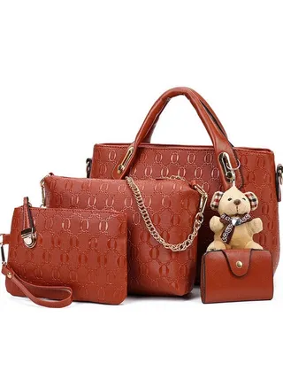 Women 4 Pcs Top Handle Satchel Hobo Handbag Set Large Tote +Purse +Shoulder Bag+Card Holder Brown 