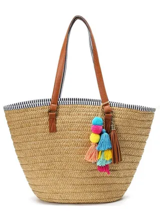 Straw Bag Round Summer Straw Large Woven Beach Bag Purse For Women Vocation Tote Handbags With Pom Poms 