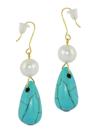 18 Karat Gold Pearl And Turquoise Earrings 