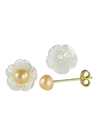 18 Karat Gold Flower Design Pearl Earrings 