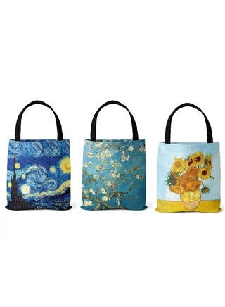 3 Pack Canvas Tote Bag Reusable Grocery Shopping Tote Bag Large Women Shoulder Bag Handbag 3 Designs, Starry Night Sunflower Almond Blossom 13 X 14.6 Inch 