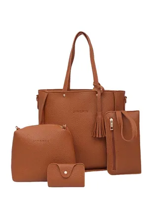 Korean Style 4 in 1 Casual Tassel Tote Bag Brown 