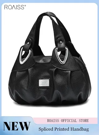 Women's PU Leather Handbag Fashion Ink Printing Pleated Large Capacity Messenger Bag 