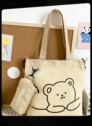 Lovely Bear Printed Student Shoulder Bag Portable Large Capacity Bookbag Foldable Tote Canvas Bag with Pencil Pouch Khaki 