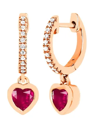 14K Rose Gold Ruby and Diamond Heart Drop Earrings for Women One Size 