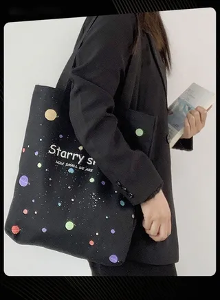 New Style Foldable Canvas Bag Graphic Printed Large Capacity School Shoulder Bag Lightweight Daily Tote Black 