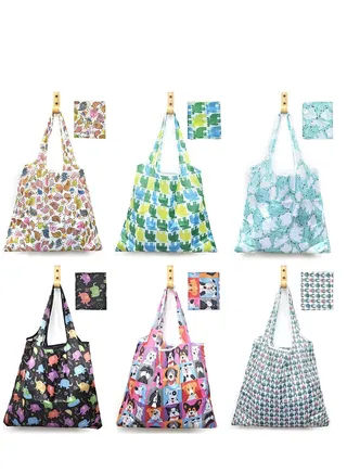 6 Pcs Reusable Grocery Bag Foldable Eco-Friendly Shopping Bags Lightweight Washable Nylon Large Tote Bag 