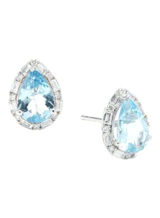 14K White Gold Aquamarine and Diamond Teardrop Stud Earrings for Women One Size 