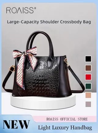 Crocodile Pattern Handbag for Women with Silk Scarf Fashion Large Capacity Shoulder Bag Nonslip Wear Resistant Crossbody Bag Suitable for Birthday Gifts or Ramadan 