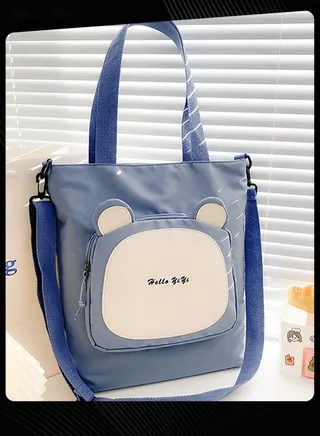 Nylon Cartoon Front Pocket Shoulder Bag Water Resistant Anti-theft Zipper School Tote Bag For Primary Middle High Students Blue 