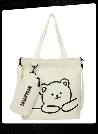 Lovely Bear Printed Student Shoulder Bag Portable Large Capacity Bookbag Foldable Tote Canvas Bag with Pencil Pouch White 