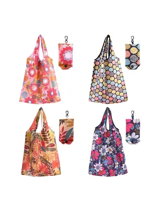 Large Pouch Printed Grocery Bag, 4 Pcs with Handle Waterproof Reusable Grocery Bag, Foldable Extra Large Portable Totes Bag, for Shopping, Travel, Picnic 