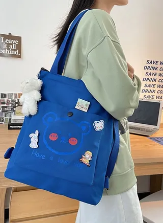 Lovely Bear Printed Canvas Bag Large Capacity Casual Student Backpack Multifunction Tote Bag with Cartoon Pendant Blue for Middle High School Students 