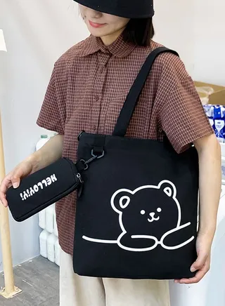 Lovely Bear Printed Student Shoulder Bag Portable Large Capacity Bookbag Foldable Tote Canvas Bag with Pencil Pouch Black 