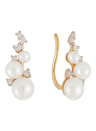 14K Rose Gold 3 to 5mm Pearl and Diamond Core Climber Earrings for Women One Size 