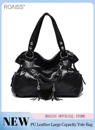 Women's PU Tote Bag Fashion Soft Leather Tassel Bag Large Capacity Handbag Soft Leather Shoulder Bag 