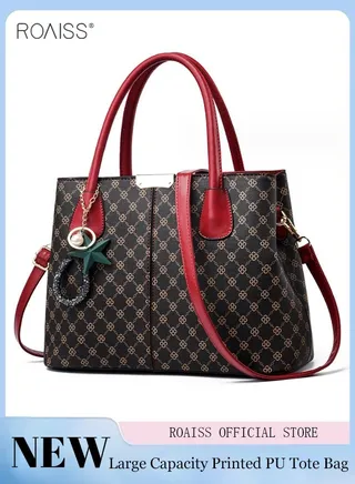 Women's Printed Large Capacity Handbag Fashionable Retro Pu Leather Patchwork Shoulder Bag Detachable Strap Crossbody Bag 