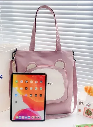 Nylon Cartoon Front Pocket Shoulder Bag Water Resistant Anti-theft Zipper School Tote Bag For Primary Middle High Students Pink 