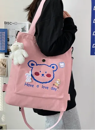 Lovely Bear Printed Canvas Bag Large Capacity Casual Student Backpack Multifunction Tote Bag with Cartoon Pendant Pink 