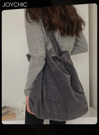 Korean Style Women Versatile Large Capacity Shopping Bag Casual Literary Washed Corduroy Simple Retro Ladies Shoulder Bag Grey 