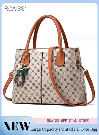 Women's Printed Large Capacity Handbag Fashionable Retro Pu Leather Patchwork Shoulder Bag Detachable Strap Crossbody Bag 