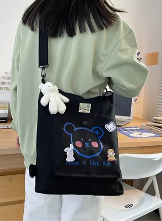 Lovely Bear Printed Canvas Bag Large Capacity Casual Student Backpack Multifunction Tote Bag with Cartoon Pendant Black 