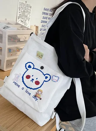 Lovely Bear Printed Canvas Bag Large Capacity Casual Student Backpack Multifunction Tote Bag with Cartoon Pendant White 