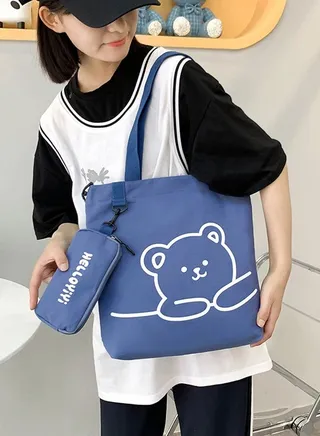 Lovely Bear Printed Student Shoulder Bag Portable Large Capacity Bookbag Foldable Tote Canvas Bag with Pencil Pouch Blue 
