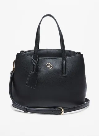 Women's Solid Logo Detail Tote Bag with Double Handles and Zipper Closure