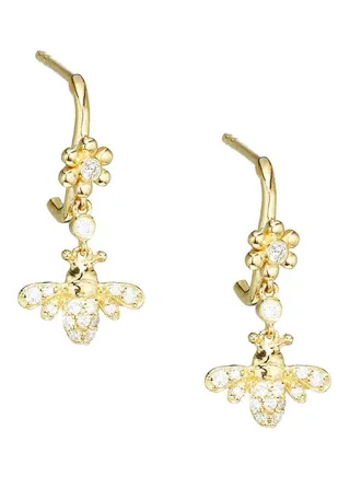 14K Yellow Gold and 0.12 TCW Diamond Daisy Bee Drop Earrings for Women One Size 