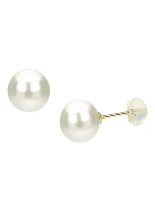 18K Solid Gold 8-8.5mm Large White AAA Freshwater Pearl Stud Earrings 