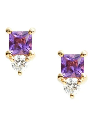 14K Yellow Gold Amethyst and Diamond Core Birthstone Stud Earrings for Women One Size 
