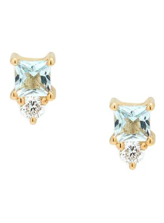 14K Yellow Gold Aquamarine and Diamond Mini Stud Earrings for Women One Size 