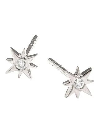 14K White Gold and 0.03 TCW Diamond Starburst Stud Earrings for Women One Size 