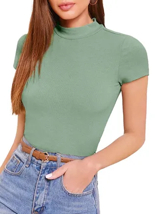 Ribbed Knit Mock Neck Crop Top - Cap Sleeve - Neck T-shirt For women 
