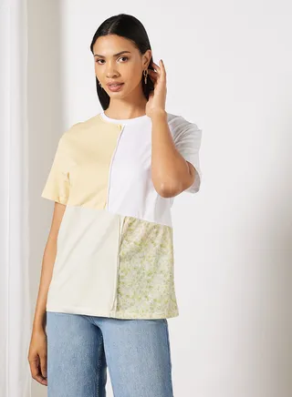 Block Pattern Round Neck T-Shirt Multicolor 