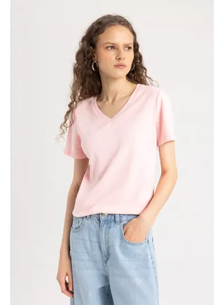 Woman Slim Fit V Neck Knitted Short Sleeve T-Shirt 